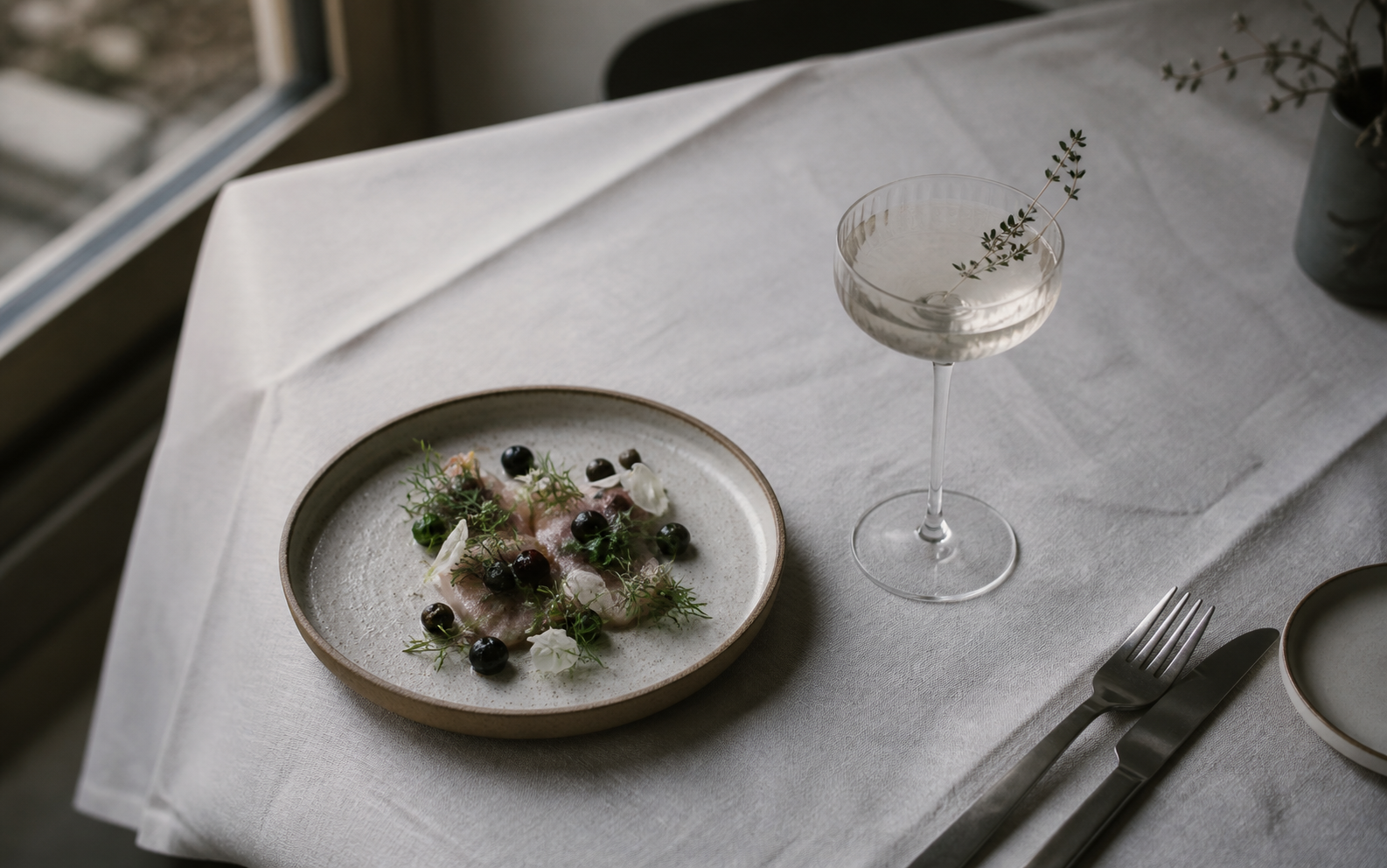A clear cocktail paired with a Scandinavian dish