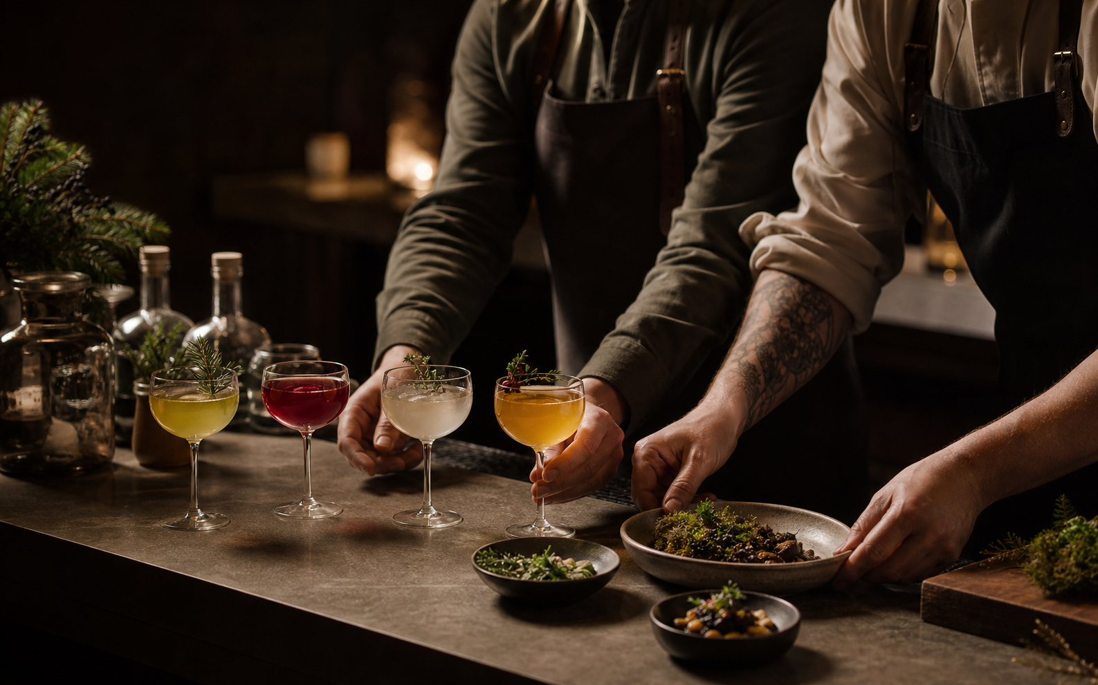 A chef and bartender preparing a cocktail tasting together