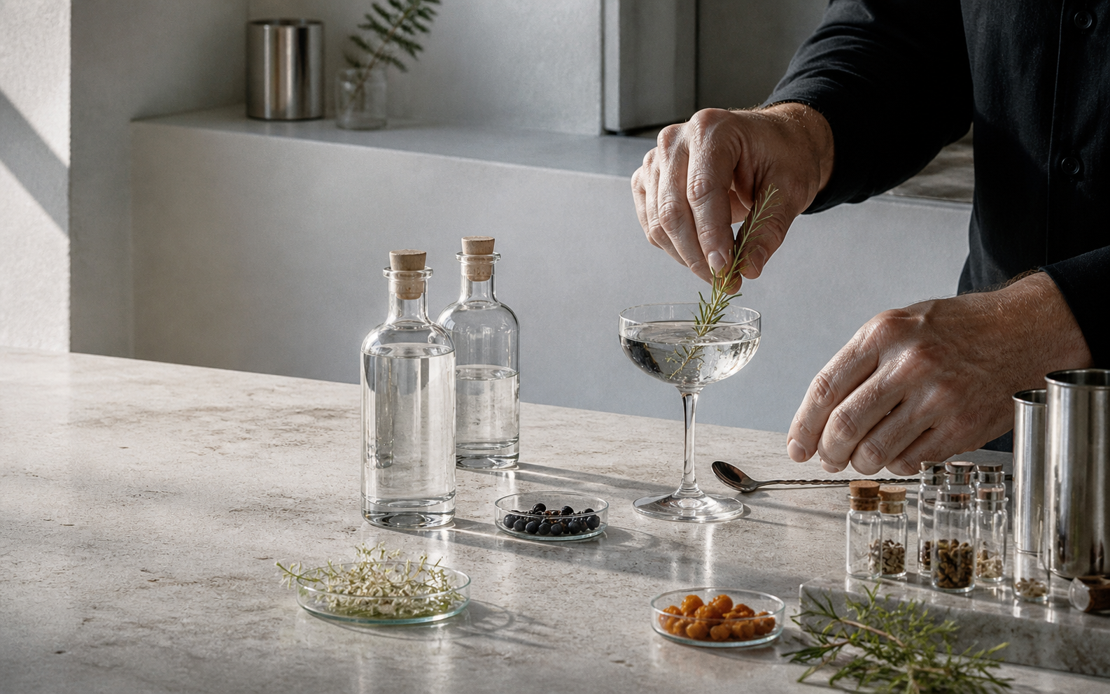 Clear spirits, botanicals and a cocktail being developed on a bright work surface
